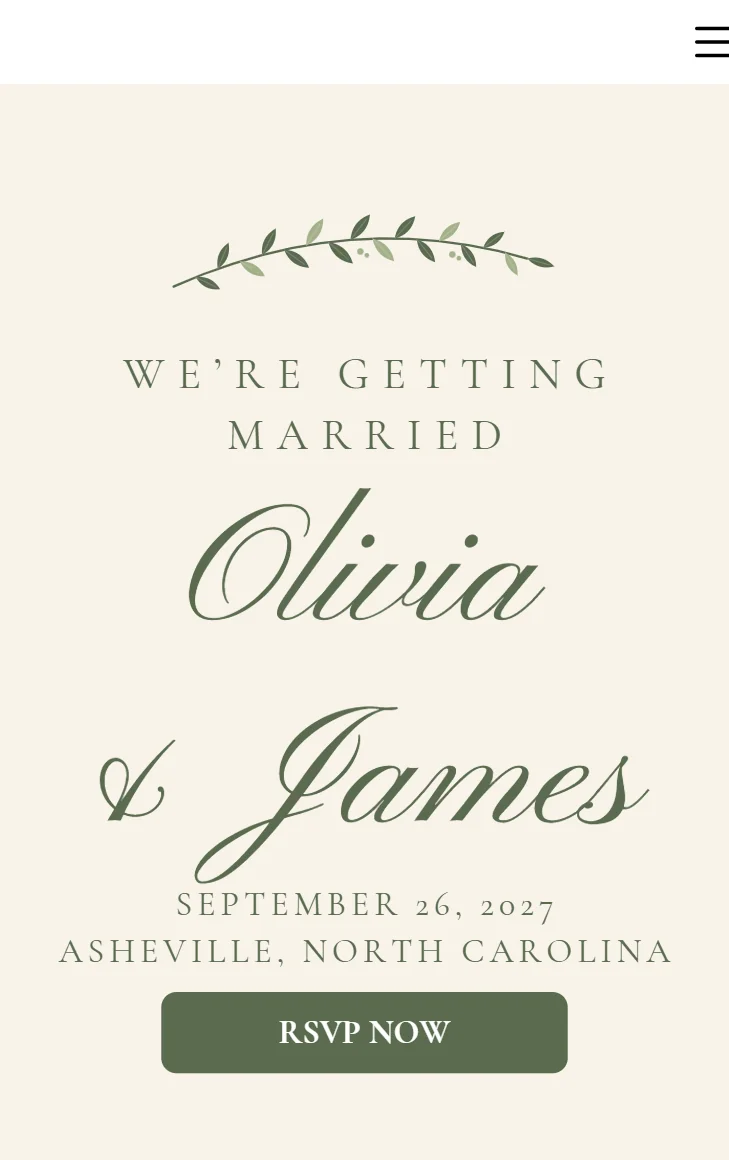 Home section of the Wedding Suite website on a phone: an olive sprig, "We're getting married", Olivia & James in script, September 26, 2027, Asheville, North Carolina, and an RSVP Now button