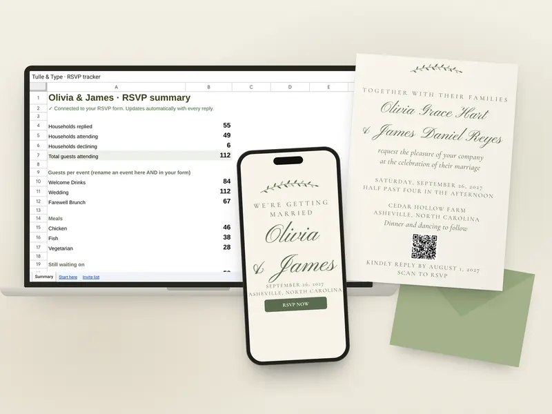 The Wedding Suite with the sample couple Olivia & James: the RSVP tracker summary on a laptop, the wedding website Home section on a phone and the printed 5×7 invitation with its QR code
