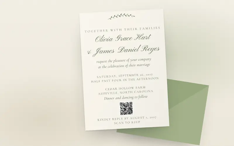 The printed 5×7 invitation with its QR code