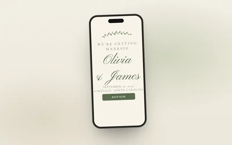 The wedding website Home section on a phone, sample couple Olivia & James
